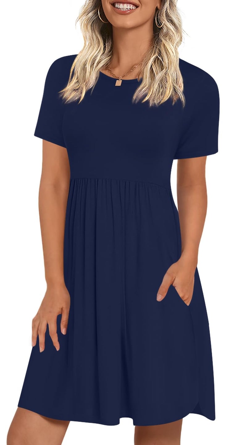 LONGYUAN Casual Woman Short Sleeve Loose Dresses Swing Sundresses with Pockets Navy Blue X-Large - Image 1